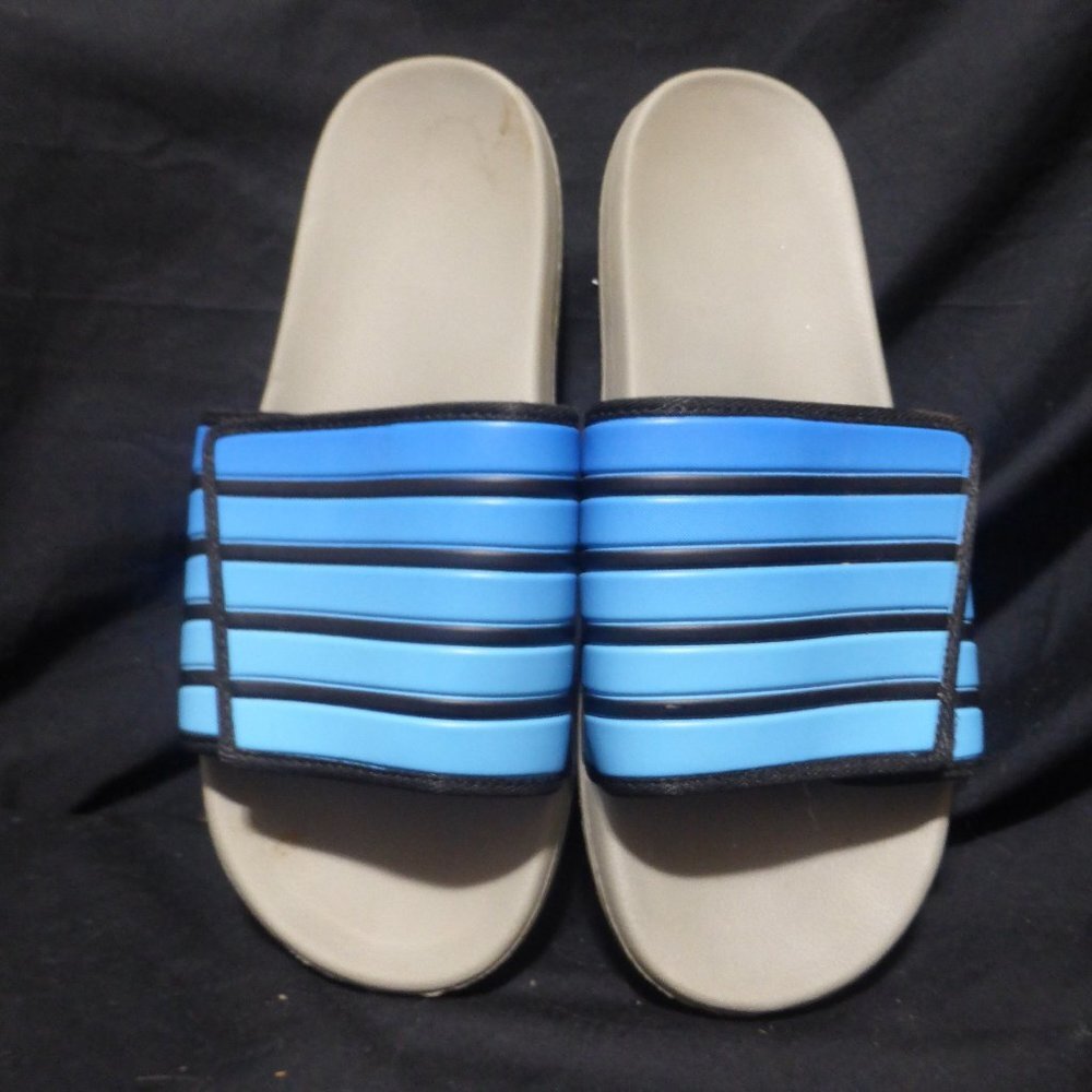 Poolside flip-flop, size 10, black and blue Velcro fastened adjustable strap GUC